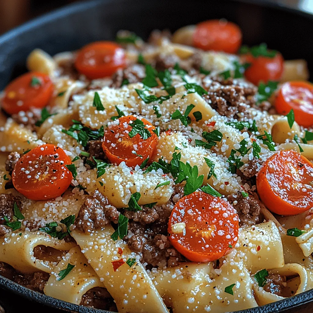 Für unsere Knoblauch-Rindfleisch-Pasta benötigen Sie folgende Zutaten: - 225 g Spaghetti oder Fettuccine: Diese beiden Pastasorten sind ideal für die Kombination mit der herzhaften Sauce. Spaghetti sind dünner und eignen sich gut für die Aufnahme der Sauce, während Fettuccine eine breitere Oberfläche hat und die Aromen ebenfalls gut einfängt. - 450 g Rinderhackfleisch: Das Hauptprotein in diesem Gericht, das für seinen reichen Geschmack bekannt ist. - 4 Knoblauchzehen: Frisch gehackter Knoblauch verleiht der Pasta ein intensives Aroma und gesundheitliche Vorteile. - 1 kleine Zwiebel: Sie sorgt für eine süße Basis und ergänzt den Knoblauch perfekt. - 1 Tasse Kirschtomaten: Süß und saftig; sie bringen Frische und Farbe in das Gericht. - 1 Tasse Rinderbrühe: Sie gibt der Sauce eine zusätzliche Tiefe und hilft, die Aromen miteinander zu verbinden. - 1 Esslöffel Olivenöl: Zum Anbraten der Zwiebeln und des Knoblauchs. - 1 Teelöffel rote Chiliflocken (optional): Für eine leichte Schärfe, die das Gericht aufregender macht. - 1 Teelöffel getrocknete italienische Kräuter (Basilikum, Oregano): Sie verleihen der Pasta einen aromatischen Charakter. - Salz und schwarzer Pfeffer nach Geschmack: Essentielle Gewürze, um das Gericht abzurunden. - ¼ Tasse frische Petersilie: Zum Garnieren und für einen frischen Geschmack. - Geriebener Parmesan: Für den perfekten Abschluss und zusätzlichen Geschmack.
