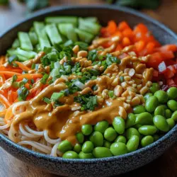 Die Erdnuss-Nudel-Gemüse-Bowls sind nicht nur ein Fest für die Augen, sondern auch eine wahre Geschmacksexplosion. Dieses Gericht vereint die köstlichen Aromen von frischem Gemüse, zarten Reisnudeln und einer cremigen Erdnusssoße in einer bunten und gesunden Mahlzeit. Die Kombination aus knackigem Gemüse, proteinreichen Edamame und der herzhaften Erdnussbutter macht diese Bowls zu einer idealen Wahl für alle, die auf eine ausgewogene Ernährung achten, ohne dabei auf Genuss zu verzichten.