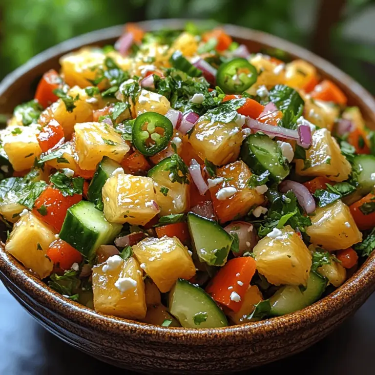 Die Hauptzutat des tropischen Zest-Salats ist die Ananas, die für ihren süßen, saftigen Geschmack und ihre erfrischenden Eigenschaften bekannt ist. Ananas ist nicht nur ein Genuss für den Gaumen, sondern auch reich an Vitaminen, Mineralstoffen und Antioxidantien. Sie enthält Vitamin C, das das Immunsystem stärkt, sowie Bromelain, ein Enzym, das die Verdauung unterstützen kann. Darüber hinaus bringt die leuchtend gelbe Farbe der Ananas einen fröhlichen Akzent in Ihren Salat.
