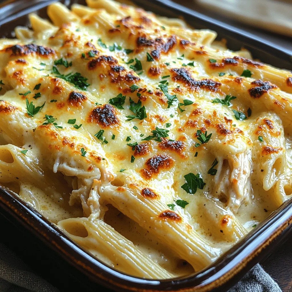 Willkommen in der wunderbaren Welt der italienischen Küche! Heute präsentieren wir Ihnen ein Rezept, das sowohl Gaumenfreuden als auch eine herzliche Umarmung für Ihre Sinne bietet: der Cremefarbene Gebackene Hähnchen-Alfredo Genuss. Dieses Gericht kombiniert die cremige Textur von Alfredo-Sauce mit zarter Hähnchenbrust und perfekt gekochter Penne-Pasta, die zusammen im Ofen gebacken werden, um eine goldene, köstliche Kruste zu erzeugen.
