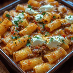 Gemütliches Überbackenes Rigatoni mit Fleischsauce ist ein wahres Comfort Food, das nicht nur den Gaumen erfreut, sondern auch die Seele wärmt. Dieses Gericht vereint herzhaften Geschmack und eine köstliche Textur, die in jedem Bissen zur Geltung kommt. Die Kombination aus zartem Rinderhackfleisch, einer würzigen Tomatensauce und cremigem Käse sorgt für ein unvergleichliches Geschmackserlebnis. Ob für ein Familienessen, ein Treffen mit Freunden oder einfach für einen gemütlichen Abend zu Hause – dieses Rezept ist die perfekte Wahl.