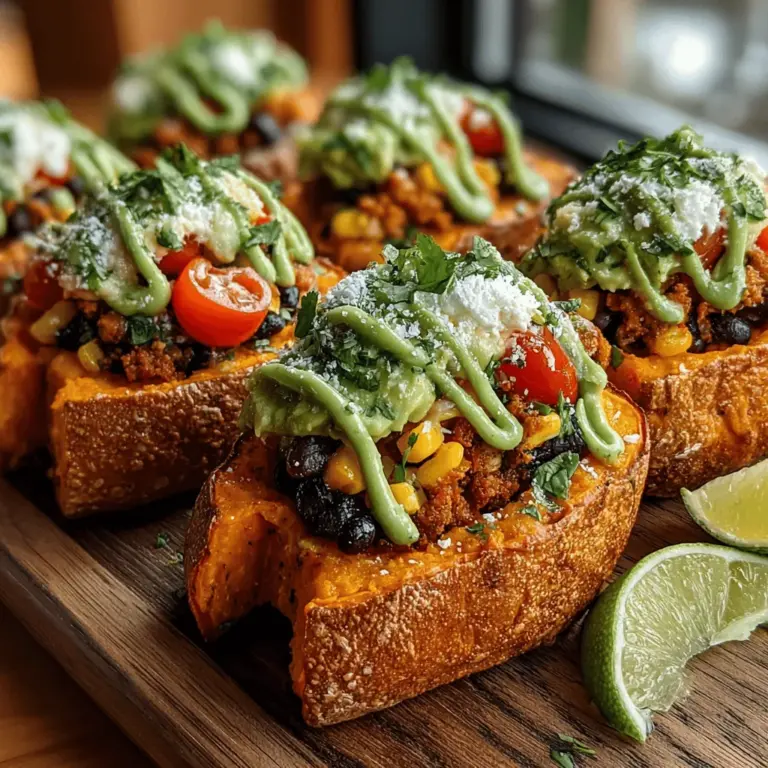 Süßkartoffel-Taco-Boote mit Avocado-Drizzle sind ein wahres Fest für die Sinne und eine wunderbare Möglichkeit, gesunde, pflanzliche Zutaten in einer schmackhaften und ansprechenden Form zu genießen. Dieses Rezept kombiniert die süße, erdige Note der Süßkartoffeln mit einer bunten Füllung aus schwarzen Bohnen, Mais, Paprika und frischen Tomaten, abgerundet mit einer cremigen Avocado-Drizzle. Ideal für ein leichtes Abendessen oder als sättigende Vorspeise, sind diese Taco-Boote nicht nur lecker, sondern auch nahrhaft und einfach zuzubereiten.