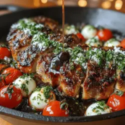 Willkommen zu einem Rezept, das nicht nur gesund ist, sondern auch mit einem unverwechselbaren Geschmack überzeugt: Balsamico-Glasierter Caprese-Hühnchen. Dieses Gericht vereint saftige Hähnchenbrustfilets, frische Kirschtomaten, cremigen Mozzarella und aromatische Basilikumblätter, alles veredelt durch eine süß-saure Balsamico-Glasur. Ob für ein schnelles Abendessen unter der Woche oder ein elegantes Festessen, dieses Rezept ist vielseitig und kommt immer gut an.