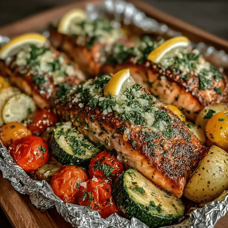 Herzlich willkommen zu unserem Rezept für Knoblauchbutter-Lachs in Folienpackungen! Dieses Gericht ist nicht nur ein wahrer Gaumenschmaus, sondern auch eine einfache und gesunde Möglichkeit, Lachs zuzubereiten. Der Lachs wird in einer köstlichen Mischung aus geschmolzener Butter, frisch gehacktem Knoblauch und zarten Gemüsesorten gegart, was ihm ein unverwechselbares Aroma verleiht. Die Zubereitung in Folie sorgt dafür, dass die Aromen perfekt erhalten bleiben und der Fisch saftig und zart bleibt.