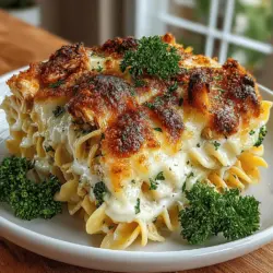 Willkommen zu einem herzhaften und köstlichen Rezept, das nicht nur den Gaumen erfreut, sondern auch das Herz erwärmt: der Goldene Parmesan-Kräuter-Hühnchen-Nudelauflauf. Dieses Gericht ist die perfekte Wahl für ein Familienessen oder ein gemütliches Abendessen mit Freunden. Es kombiniert zarte Eiernudeln mit saftigem Rotisserie-Hühnchen, frischem Gemüse und einer cremigen Käsesoße, die alles zusammenbindet.
