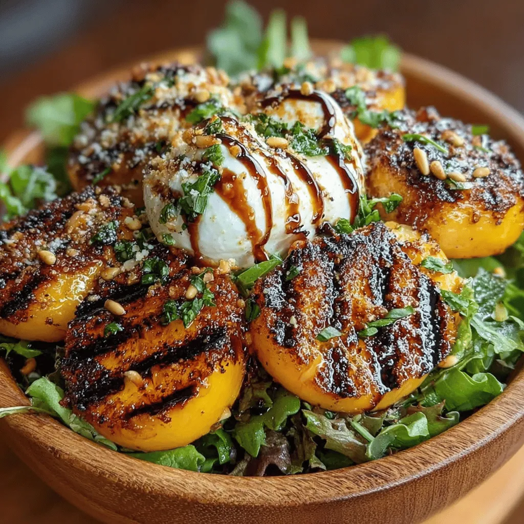 Der gegrillte Pfirsich- und Burrata-Salat ist ein köstliches und leichtes Gericht, das perfekt für warme Sommertage geeignet ist. Diese Kombination aus süßen, saftigen Pfirsichen und cremigem Burrata-Käse bringt die Aromen des Sommers auf den Teller und ist nicht nur ein Genuss für den Gaumen, sondern auch ein Augenschmaus. Die Aromen von frischen Kräutern, gemischten Blattsalaten und einer balsamischen Glasur harmonieren wunderbar und machen diesen Salat zu einem unwiderstehlichen Highlight bei jeder Grillfeier oder als erfrischende Vorspeise.