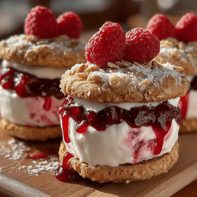 In der warmen Jahreszeit gibt es kaum etwas Erfrischenderes als ein kaltes Dessert. Die Berry Bliss Frozen Yogurt Himbeer-Sandwiches sind nicht nur ein Genuss für den Gaumen, sondern auch eine gesunde Wahl, die einfach zuzubereiten ist. Diese gefrorenen Sandwiches kombinieren cremigen Himbeer-Greek-Joghurt mit frischen Himbeeren und knusprigem Granola, um in jedem Bissen eine perfekte Mischung aus süß und erfrischend zu bieten. Ideal als Snack für heiße Tage oder als leichtes Dessert zu einem besonderen Anlass – diese Sandwiches sind vielseitig und ansprechend für die ganze Familie.